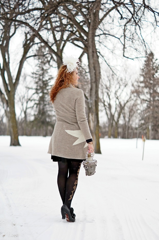 Winnipeg Manitoba Canadian Fashion Stylist Consultant Blog, Anthropologie Rosie Neira swan sweater coat, Pretty Polly black jewel crystal tights, Icing white feather fascinator, Mary Frances top shelf ice bucket wine novelty hangbag, Kate Spade Goreski eye glasses bangle bracelet, Hand carved cameo factory ring Roatan Honduras stone castle, Chie Mihara black atame bow leather booties shoes